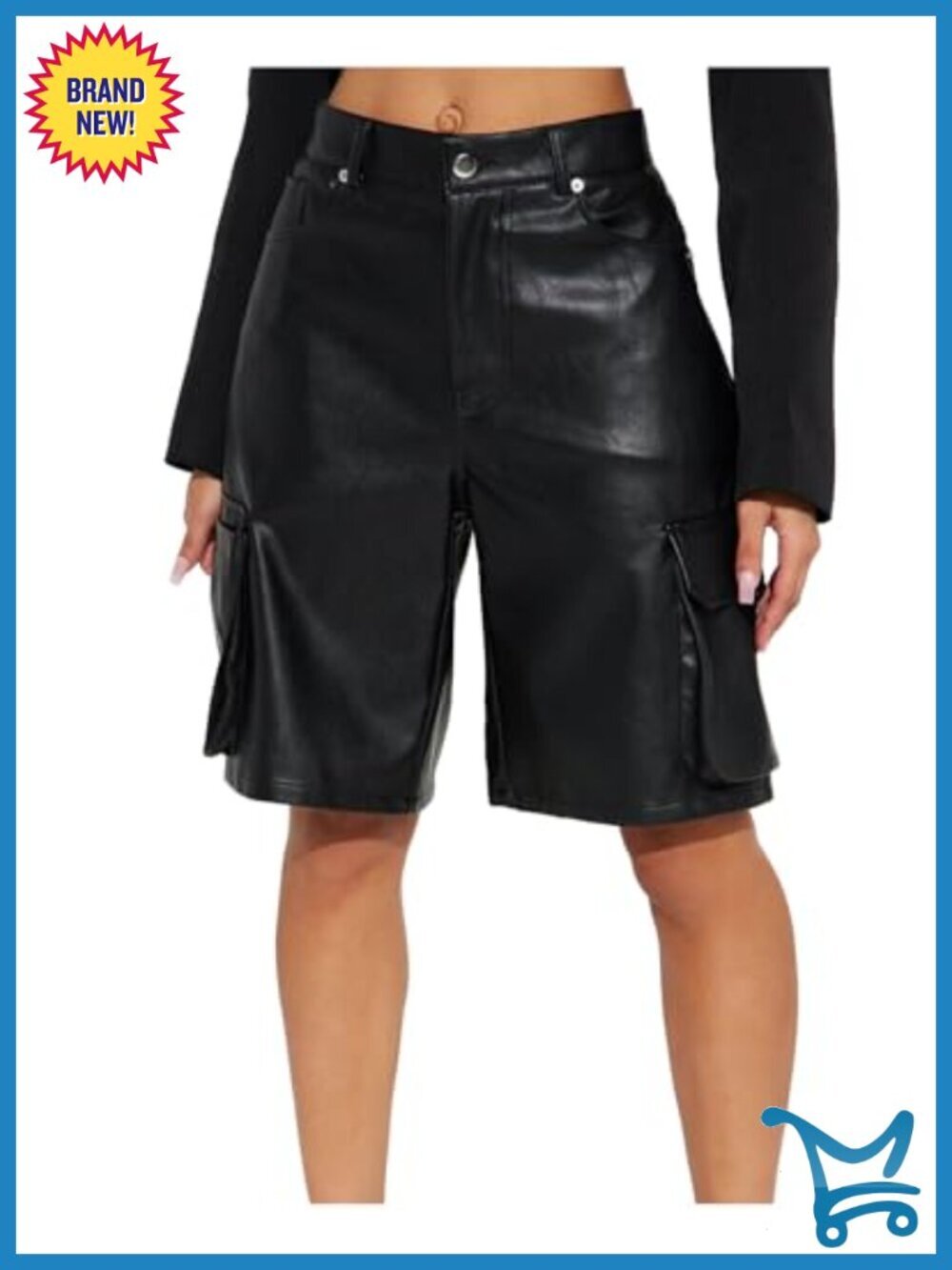 Faux Leather Cargo Shorts High Waisted Wide Leg Bermuda with Pockets